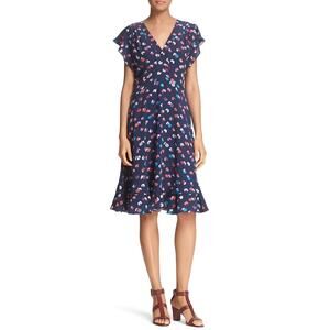 Rebecca Taylor Sakura Flutter Sleeve V-Neck 100% Silk Floral Dress Black Size 8